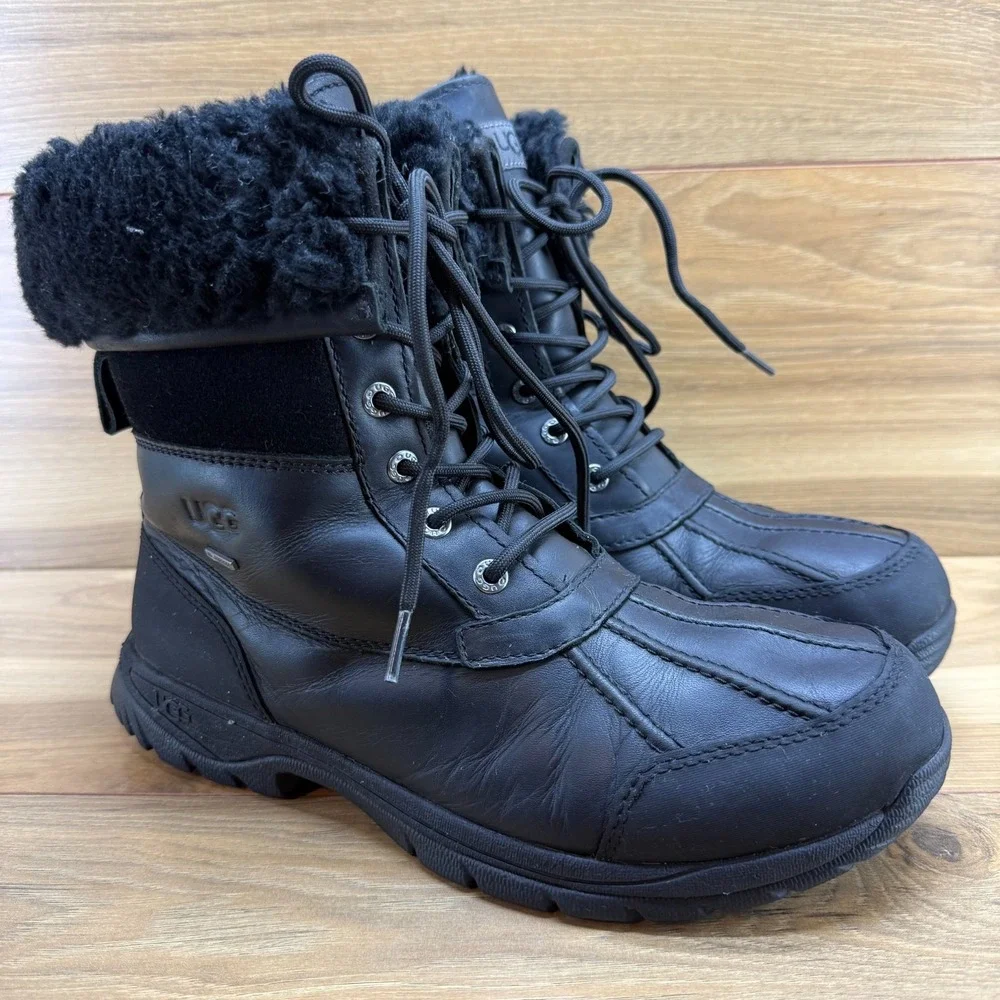 UGG Butte Mens Duck Snow Boot 9 Black Leather Waterproof Sherpa Shearling Vibram